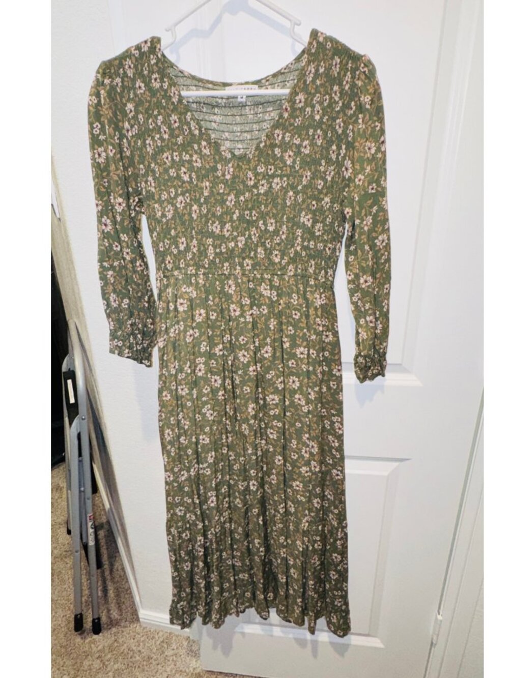Baltic Born Green Floral Long Sleeve Smocked Midi Dress Size M